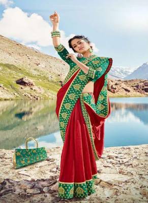 Red embroidered silk blend saree with blouse 1