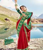 Red embroidered silk blend saree with blouse