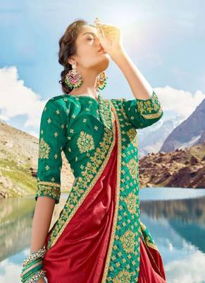 Red embroidered silk blend saree with blouse 2