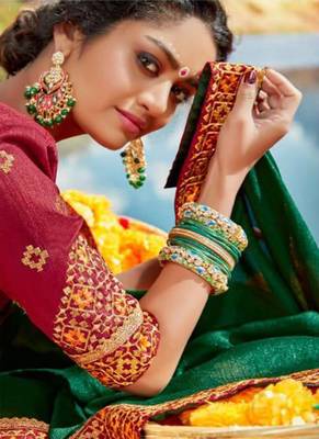   dark green embroidered silk blend saree with blouse 2