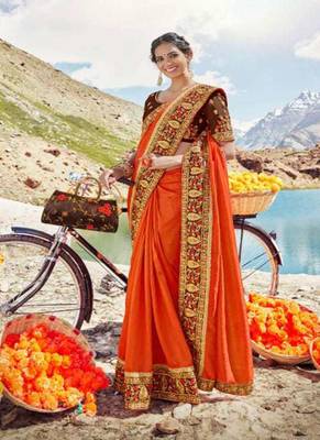 Orange embroidered silk blend saree with blouse 1