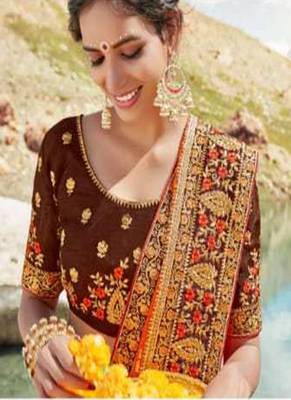 Orange embroidered silk blend saree with blouse 2