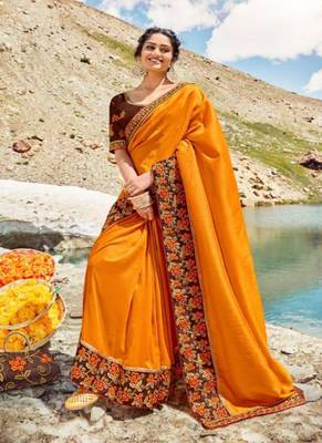Orange embroidered silk blend saree with blouse 1