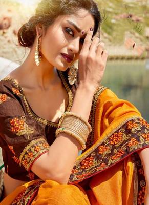 Orange embroidered silk blend saree with blouse 2
