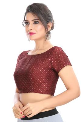 Maroon Embroidered Raw Silk Padded Readymade Designer Saree Blouse 1