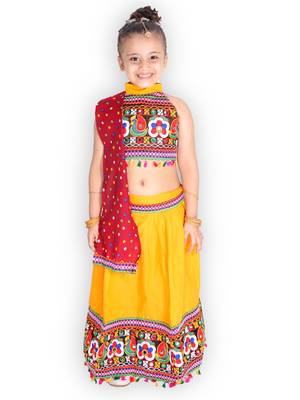 yellow embroidered mirror work navratri traditional lehenga choli 1