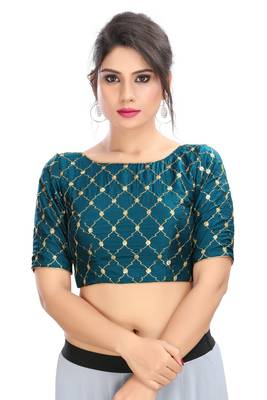 Peacock Blue Embroidered Silk  Designer Saree Blouse 1