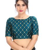Peacock Blue Embroidered Silk  Designer Saree Blouse