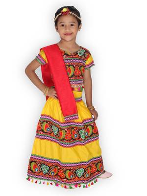 yellow embroidered mirror work navratri traditional lehenga choli 4