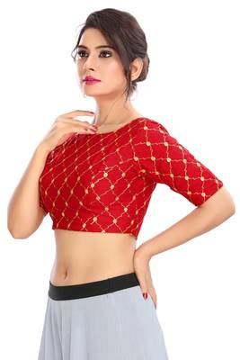 Red Blue Embroidered Silk  Designer Saree Blouse 1