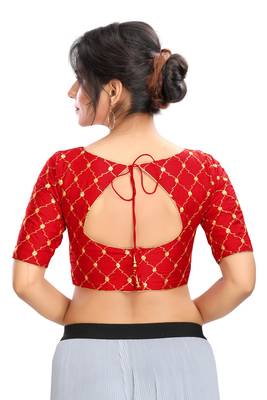 Red Blue Embroidered Silk  Designer Saree Blouse 2