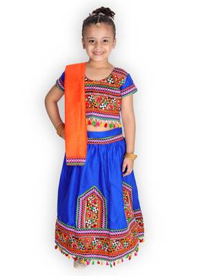 blue embroidered mirror work navratri traditional lehenga choli 1