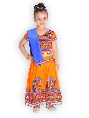 orange embroidered mirror work navratri traditional lehenga choli 1