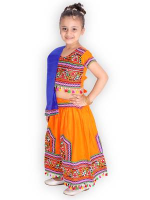 orange embroidered mirror work navratri traditional lehenga choli 3