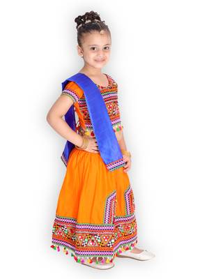 orange embroidered mirror work navratri traditional lehenga choli 4