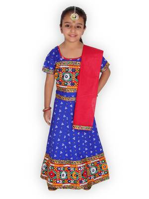 blue embroidered mirror work navratri traditional lehenga choli 1
