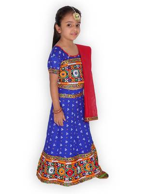 blue embroidered mirror work navratri traditional lehenga choli 3