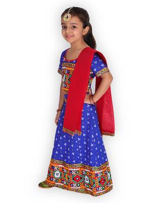 blue embroidered mirror work navratri traditional lehenga choli 4