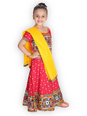 red embroidered mirror work navratri traditional lehenga choli 4