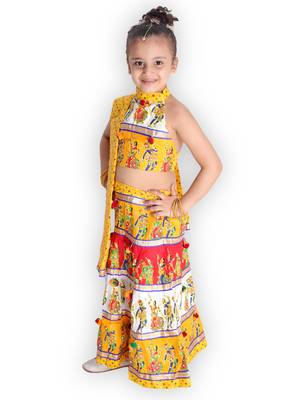 yellow embroidered mirror work navratri traditional lehenga choli 3