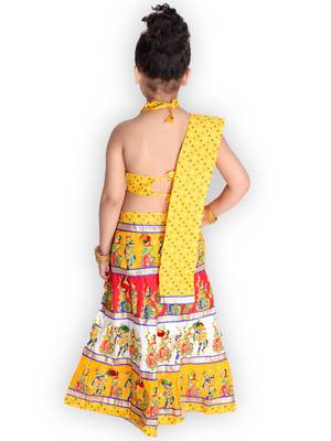 yellow embroidered mirror work navratri traditional lehenga choli 4