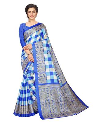 Blue printed art silk saree with blouse 1