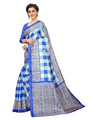 Blue printed art silk saree with blouse 2