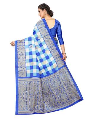 Blue printed art silk saree with blouse 3