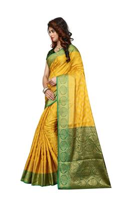 Yellow woven art silk sarees saree with blouse 3