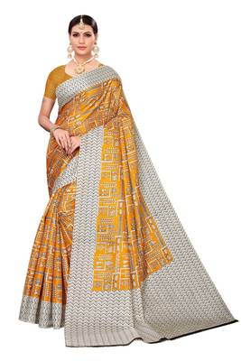 Mustard printed art silk saree with blouse 1