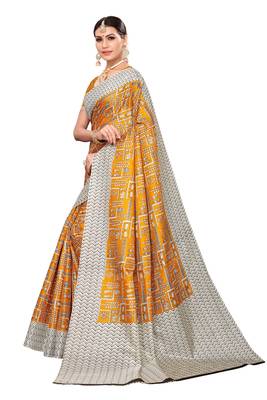 Mustard printed art silk saree with blouse 2