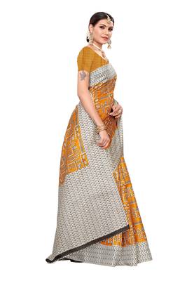 Mustard printed art silk saree with blouse 3