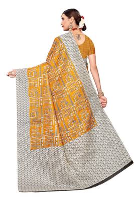 Mustard printed art silk saree with blouse 4
