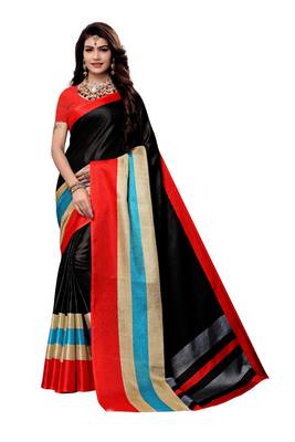 Black printed art silk saree with blouse 1