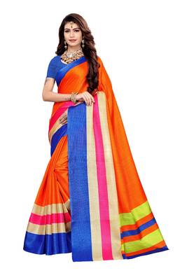 Orange printed art silk saree with blouse 1