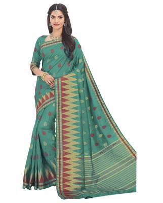 Green woven raw silk saree with blouse 1