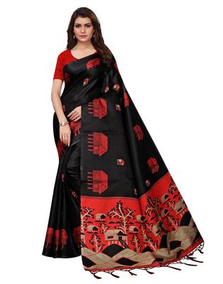 Black printed art silk saree with blouse 1