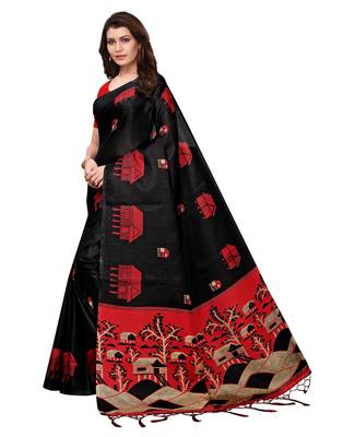 Black printed art silk saree with blouse 2