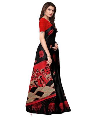 Black printed art silk saree with blouse 3