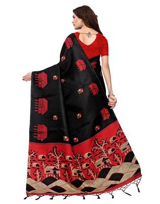Black printed art silk saree with blouse 4