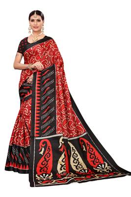 Red printed art silk saree with blouse 1