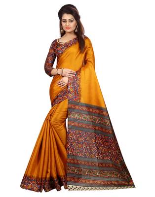 Mustard printed art silk saree with blouse 1