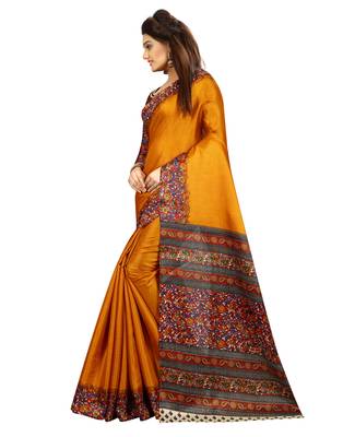 Mustard printed art silk saree with blouse 2