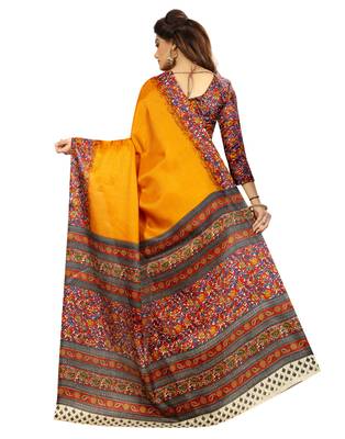Mustard printed art silk saree with blouse 3