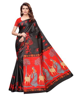 Black printed art silk saree with blouse 1