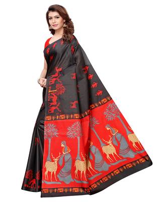 Black printed art silk saree with blouse 2