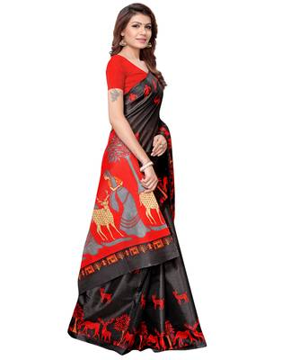 Black printed art silk saree with blouse 3
