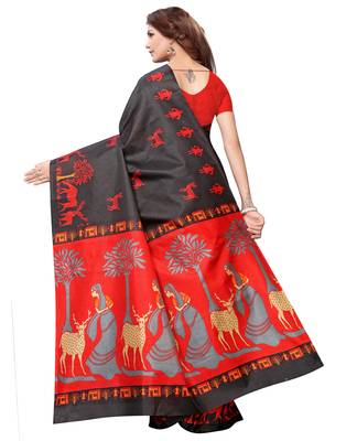 Black printed art silk saree with blouse 4