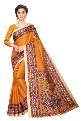 Mustard printed art silk saree with blouse 1