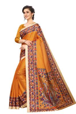 Mustard printed art silk saree with blouse 3